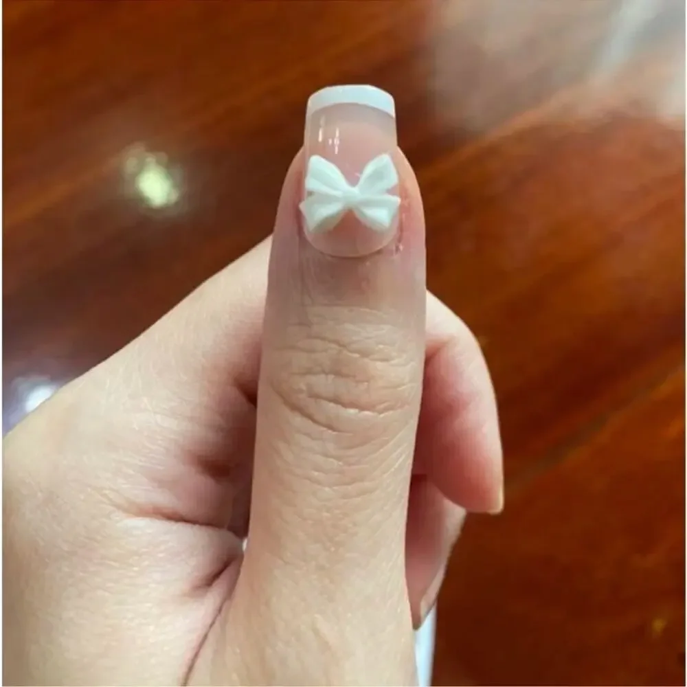 Parisian Girl Pink White Tip French Manicure Bow 24 Set Square Press On Nails